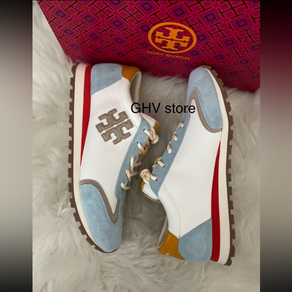 Tory Burch White Light Blue and Mustard Suede Trim Athletic Sneakers - Picture 8 of 9